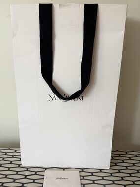 Saint Laurent White Shopping Bag with Black Ribbon Handles, tall
